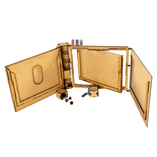 The GM Screen as faced towards the Game Master, showing some of the features such as the integrated dice tower, swivel screen and initiative tokens.
