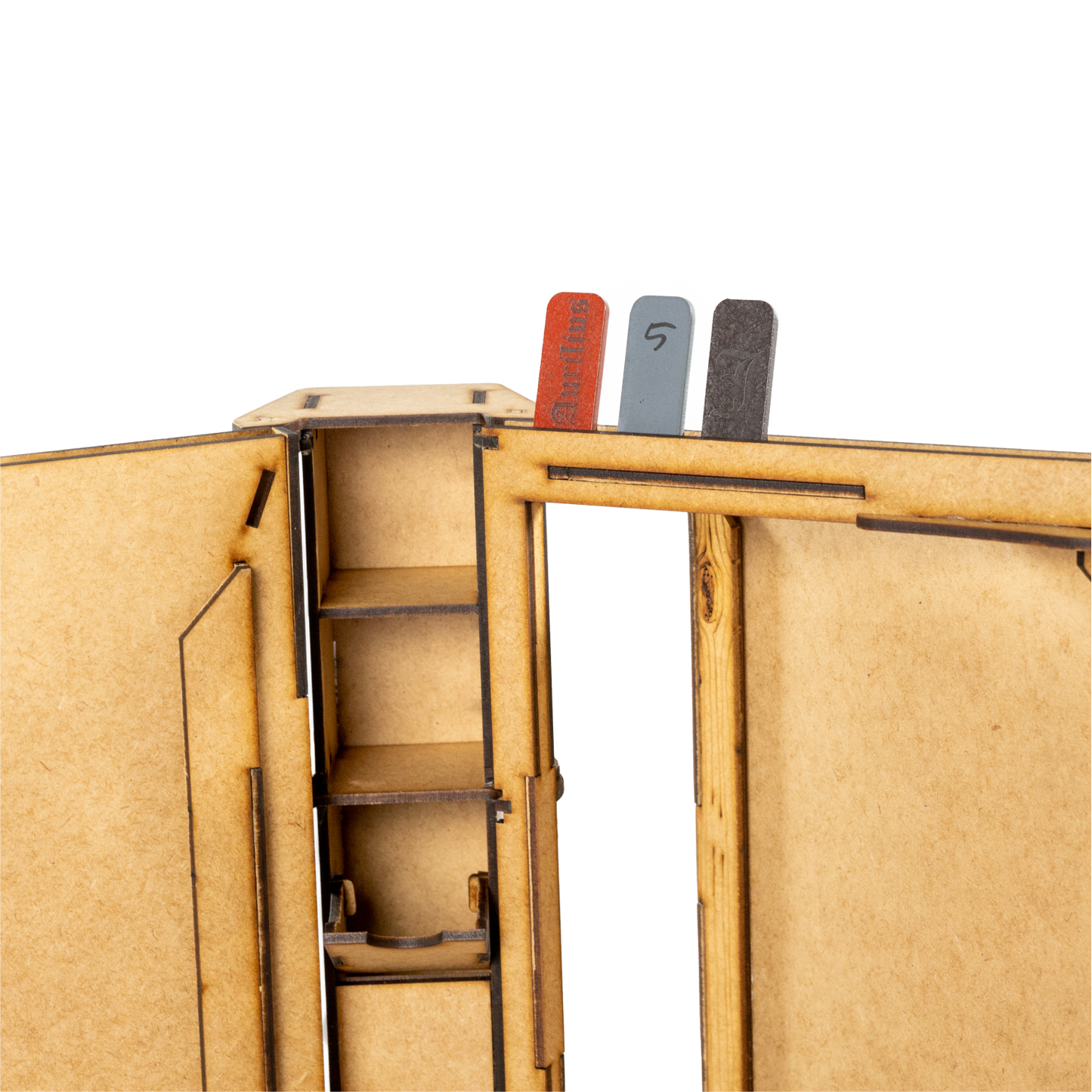 A detailed shot of the storage drawers and initiative tracker build into the Brink Designs and Displays Game Master Screen.