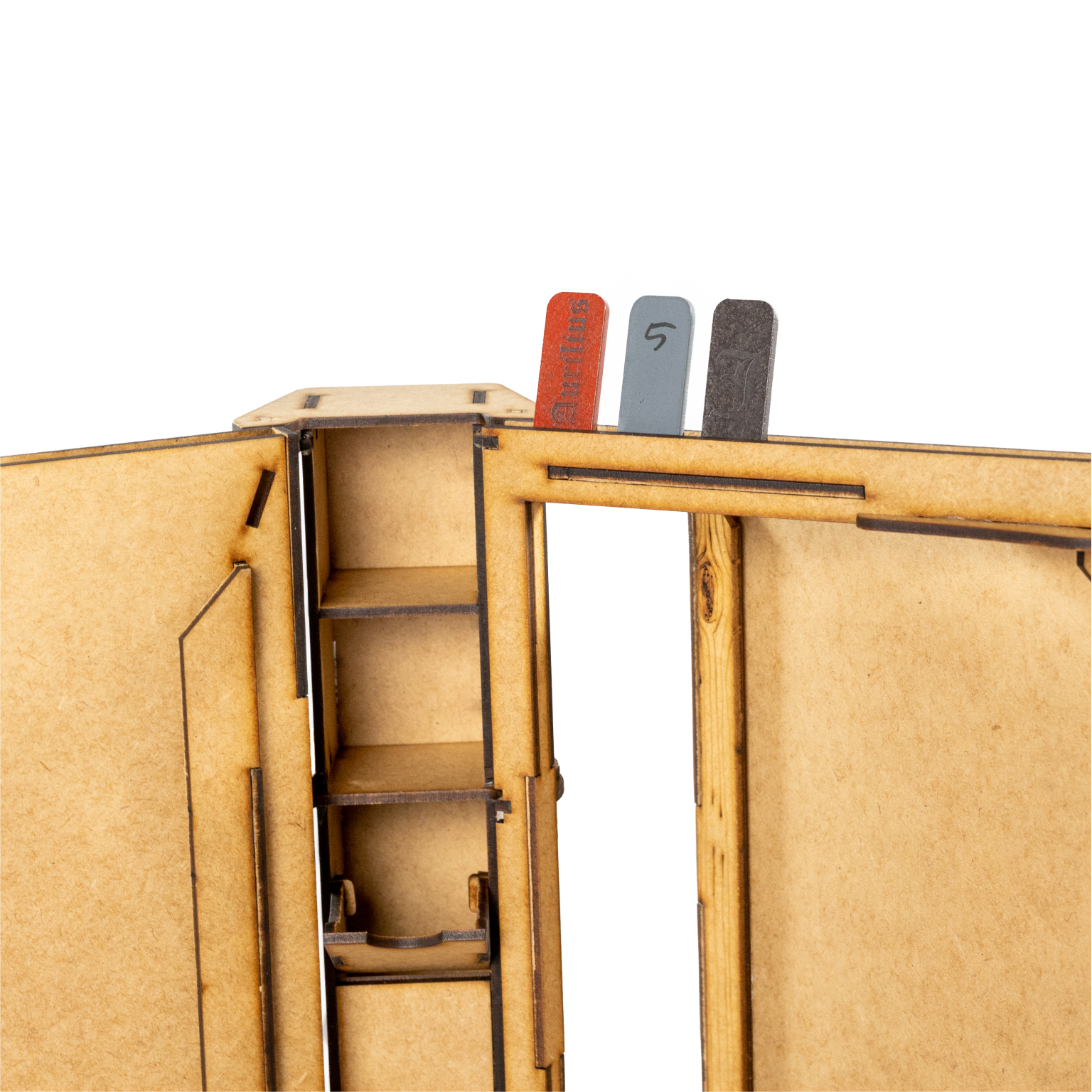 A detailed shot of the storage drawers and initiative tracker build into the Brink Designs and Displays Game Master Screen.