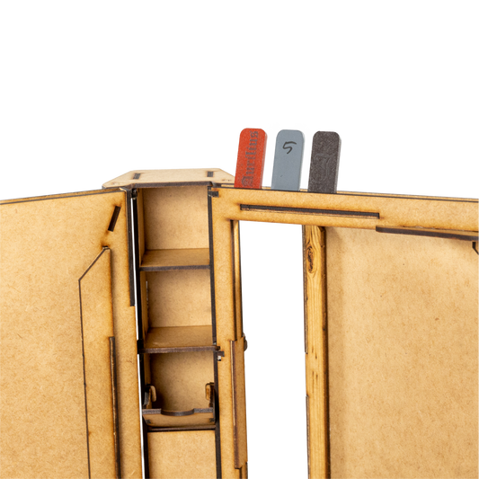 A detailed shot of the storage drawers and initiative tracker build into the Brink Designs and Displays Game Master Screen.