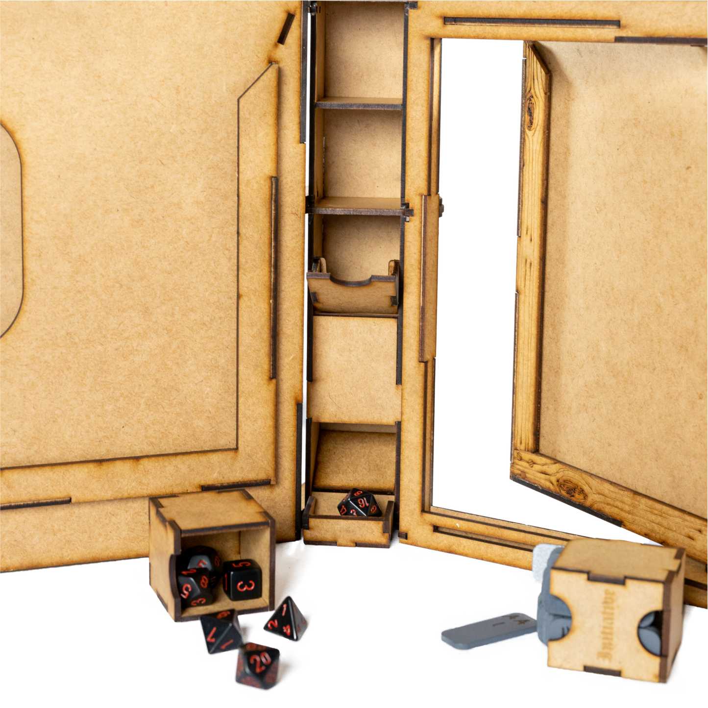 A detailed shot of the integrated dice tower and storage drawers of the Brink Designs and Displays Game Master Screen, along with some dice to show a possible use.