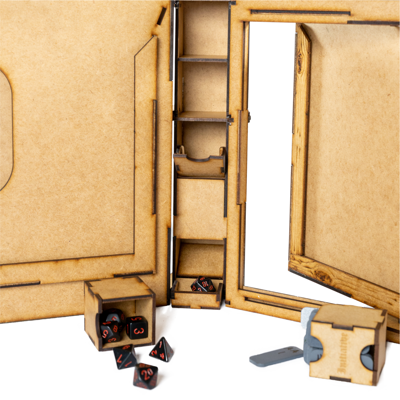 A detailed shot of the integrated dice tower and storage drawers of the Brink Designs and Displays Game Master Screen, along with some dice to show a possible use.