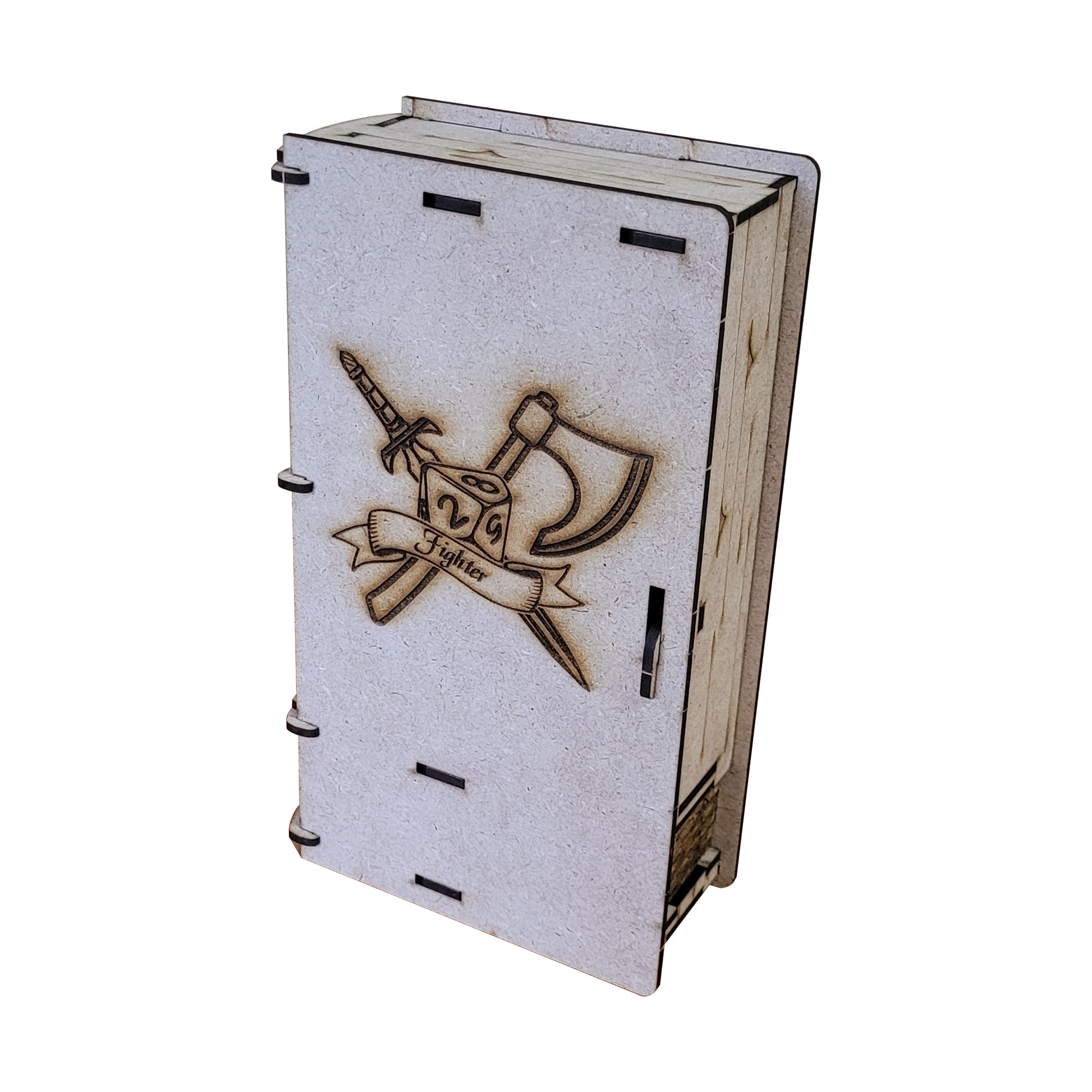A wooden Player Book designed for TTRPG players to store character sheets and accessories. The cover features a laser-engraved design of a d10 die, a sword, and a battle axe behind a banner labeled 'Fighter'. The book has a handcrafted, modular look with visible joints and a sturdy build.
