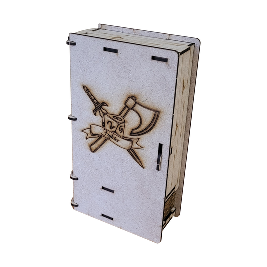 A wooden Player Book designed for TTRPG players to store character sheets and accessories. The cover features a laser-engraved design of a d10 die, a sword, and a battle axe behind a banner labeled 'Fighter'. The book has a handcrafted, modular look with visible joints and a sturdy build.