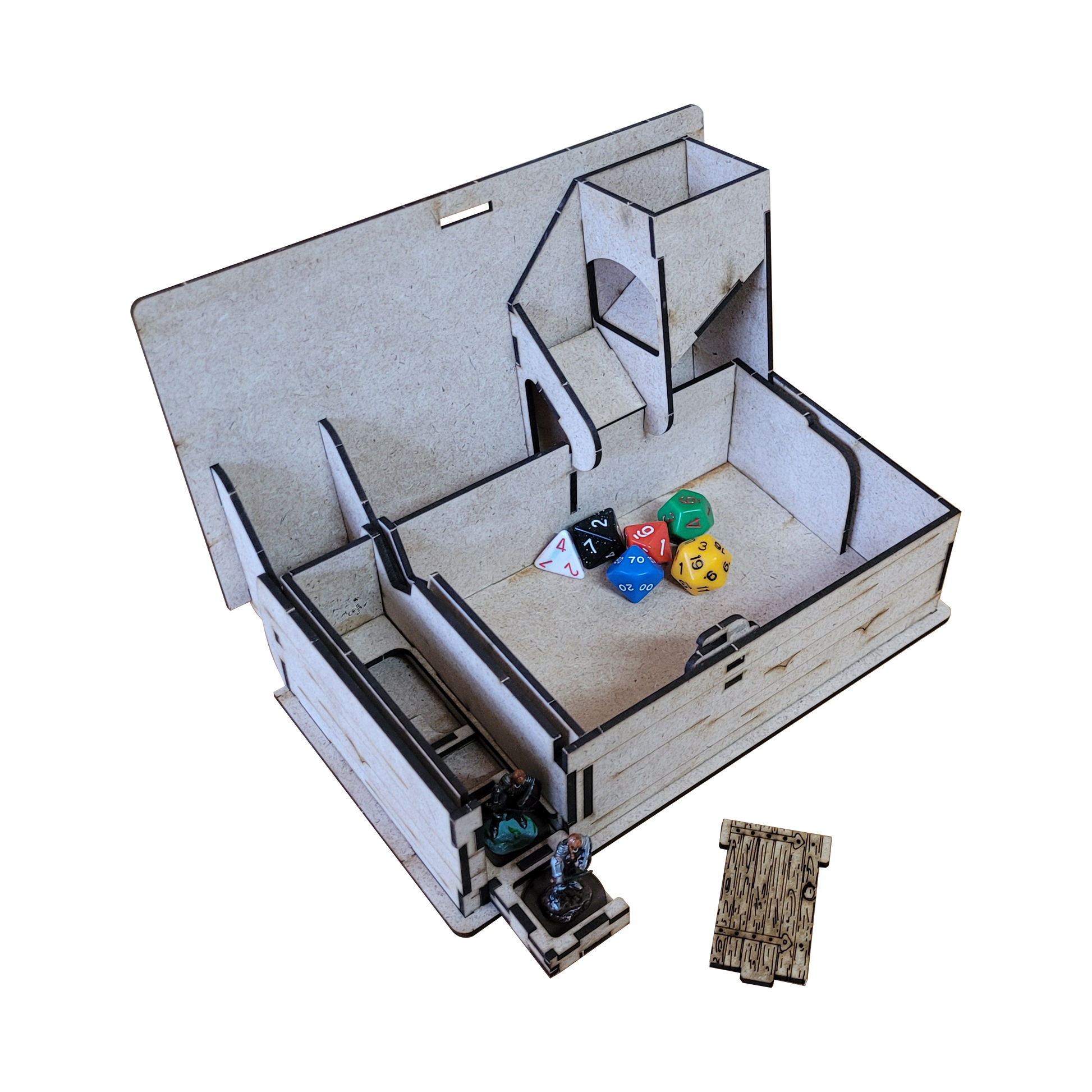 Interior view of the wooden Player Book for TTRPG's, showcasing its organized compartments. The open case reveals a built-in dice tower, a spacious storage area containing polyhedral dice, and a removable tray for miniatures. Two character miniatures are displayed at the front, and a small wooden lid rests nearby. The modular design emphasizes portability and tabletop functionality.