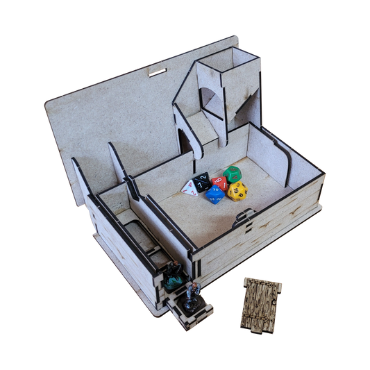 Interior view of the wooden Player Book for TTRPG's, showcasing its organized compartments. The open case reveals a built-in dice tower, a spacious storage area containing polyhedral dice, and a removable tray for miniatures. Two character miniatures are displayed at the front, and a small wooden lid rests nearby. The modular design emphasizes portability and tabletop functionality.