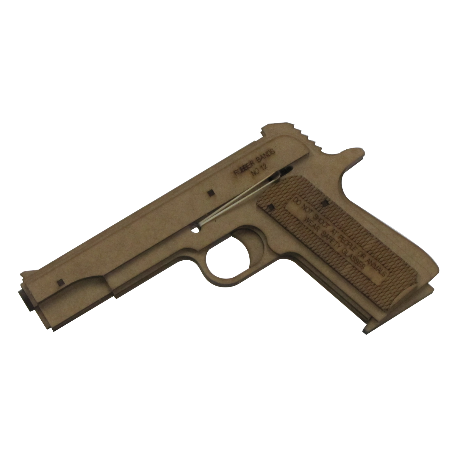 A wooden rubber band gun modeled after the classic 1911 pistol design. The gun features engraved text on the side, including safety warnings and the recommended rubber band size ('No. 12'). It is made from laser-cut wood panels with a visible trigger and rubber band notches, emphasizing its handcrafted and toy-like nature.