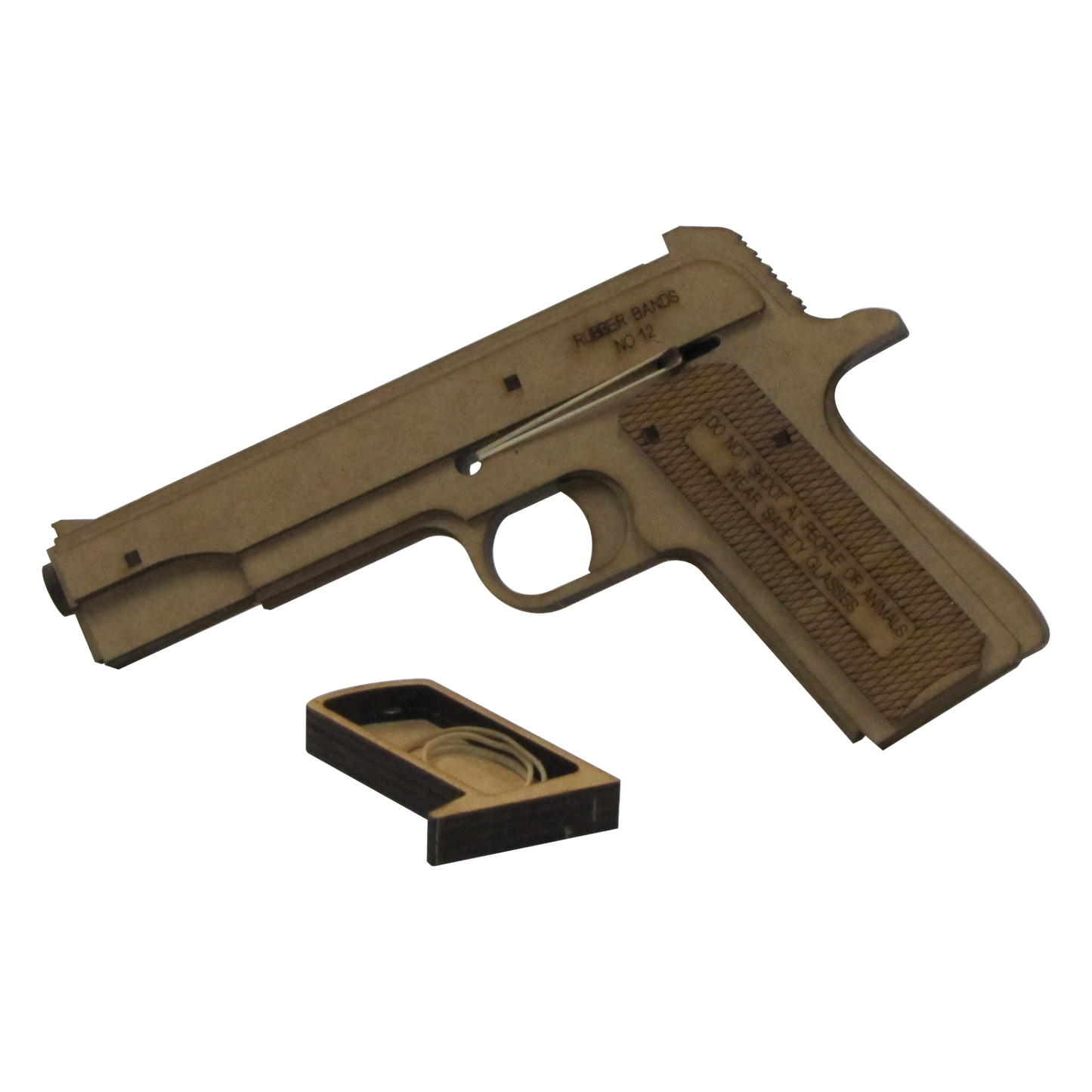 A wooden rubber band gun modeled after a 1911 pistol, shown with its removable magazine tray exposed. The tray, positioned below the grip, contains spare rubber bands. Engraved safety warnings and the recommended rubber band size ('No. 12') are visible on the side of the gun, which is constructed from laser-cut wood with a functional trigger and loading mechanism.