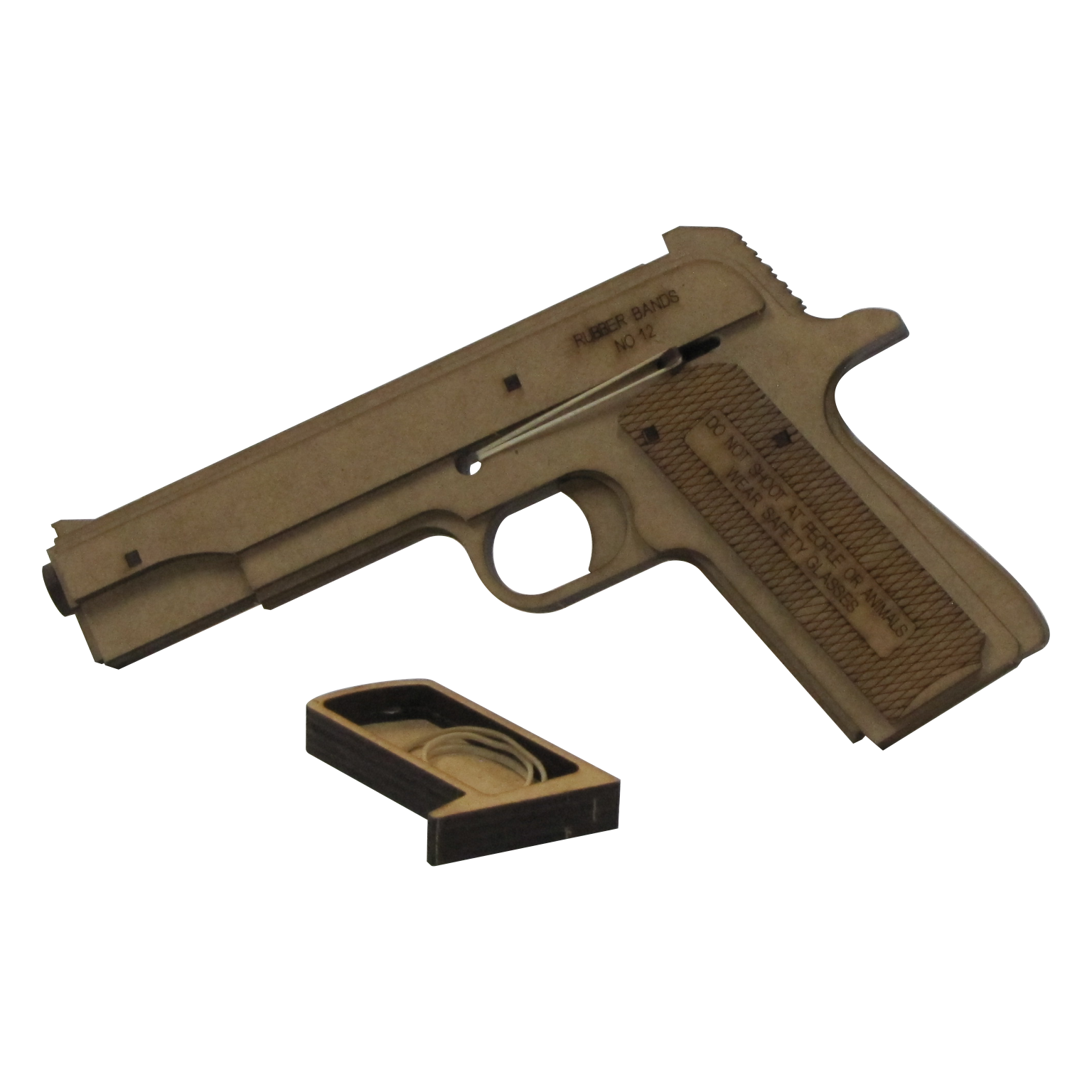 A wooden rubber band gun modeled after a 1911 pistol, shown with its removable magazine tray exposed. The tray, positioned below the grip, contains spare rubber bands. Engraved safety warnings and the recommended rubber band size ('No. 12') are visible on the side of the gun, which is constructed from laser-cut wood with a functional trigger and loading mechanism.