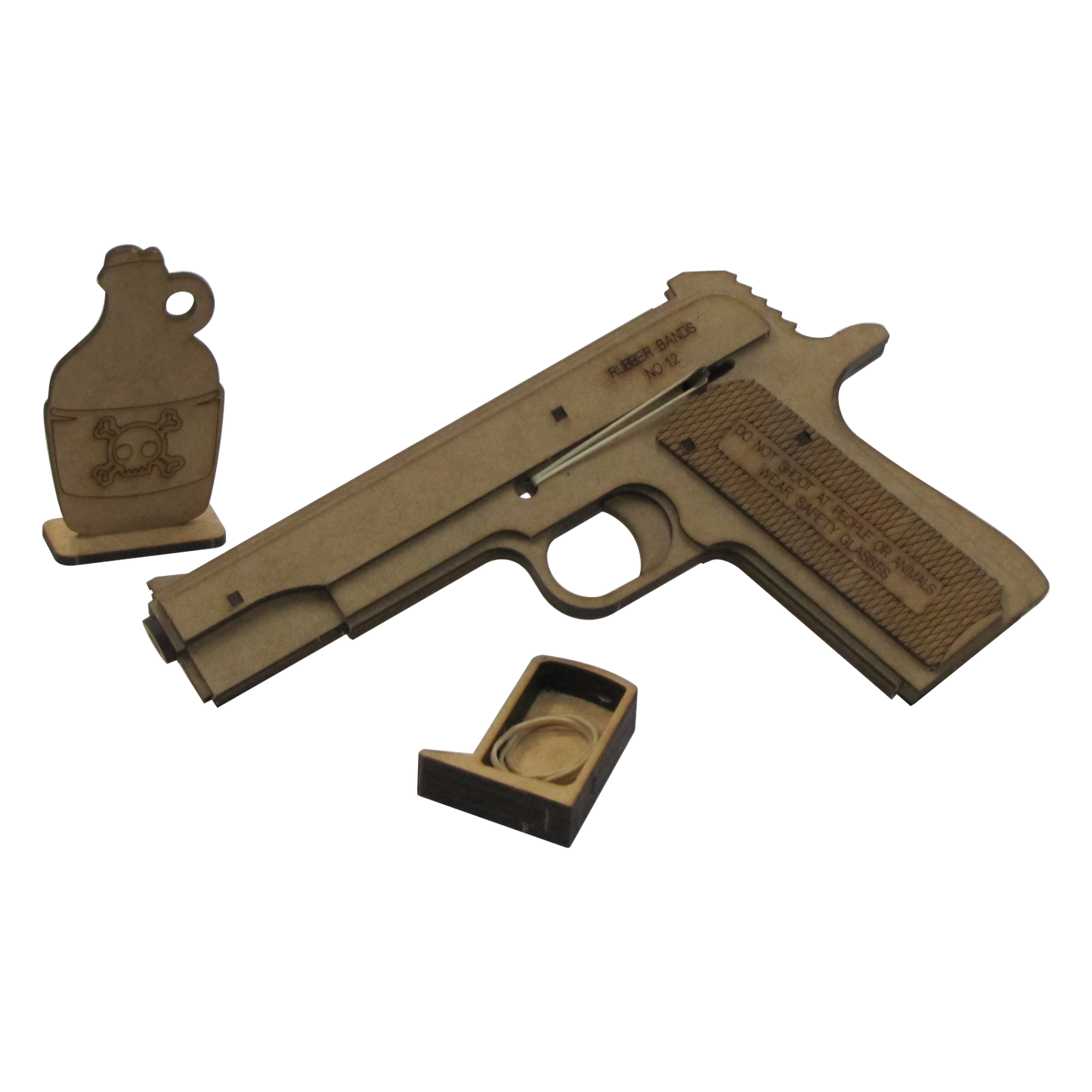 A wooden rubber band gun styled like a 1911 pistol, shown with its removable magazine tray open and a themed target shaped like a jug with a skull and crossbones engraved on it. The target stands upright beside the gun, emphasizing the playful, safe shooting setup included in the set.