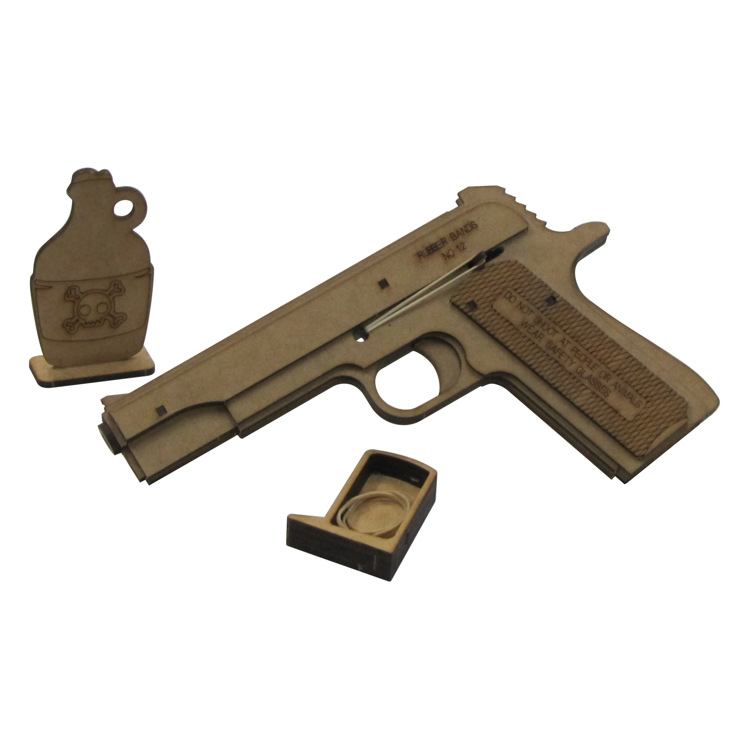 A wooden rubber band gun styled like a 1911 pistol, shown with its removable magazine tray open and a themed target shaped like a jug with a skull and crossbones engraved on it. The target stands upright beside the gun, emphasizing the playful, safe shooting setup included in the set.