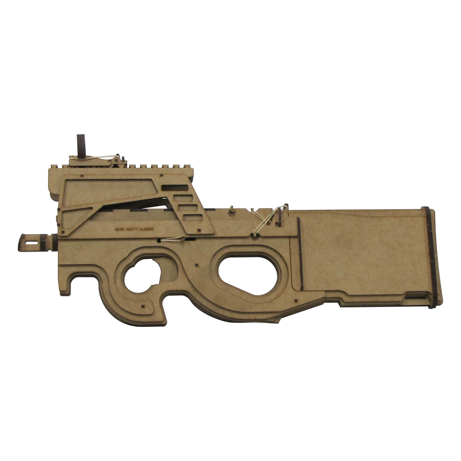 A wooden rubber band gun modeled after the P90 submachine gun, featuring detailed cutouts, a mounted top rail, and working rubber band mechanics. The trigger and grip are stylized in the iconic bullpup layout, with engraved safety instructions on the body.