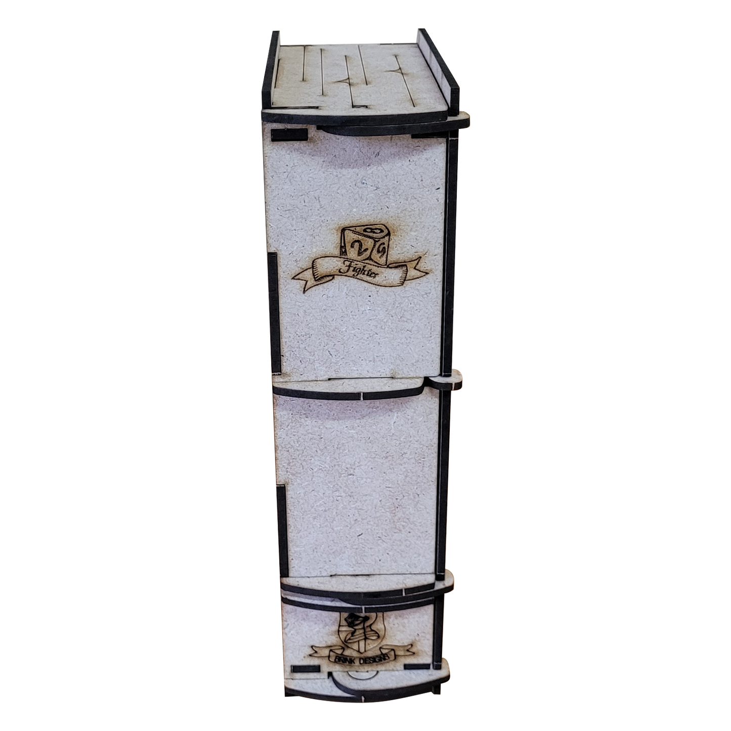 Side view of the wooden Player Book, a TTRPG character organizer. The spine features laser-engraved artwork of a d10 die above a banner labeled 'Fighter', and the Brink Designs and Displays logo near the bottom featuring a medieval helmet on a shield. The book's layered construction and tabbed joints are visible, emphasizing its handcrafted, modular design.