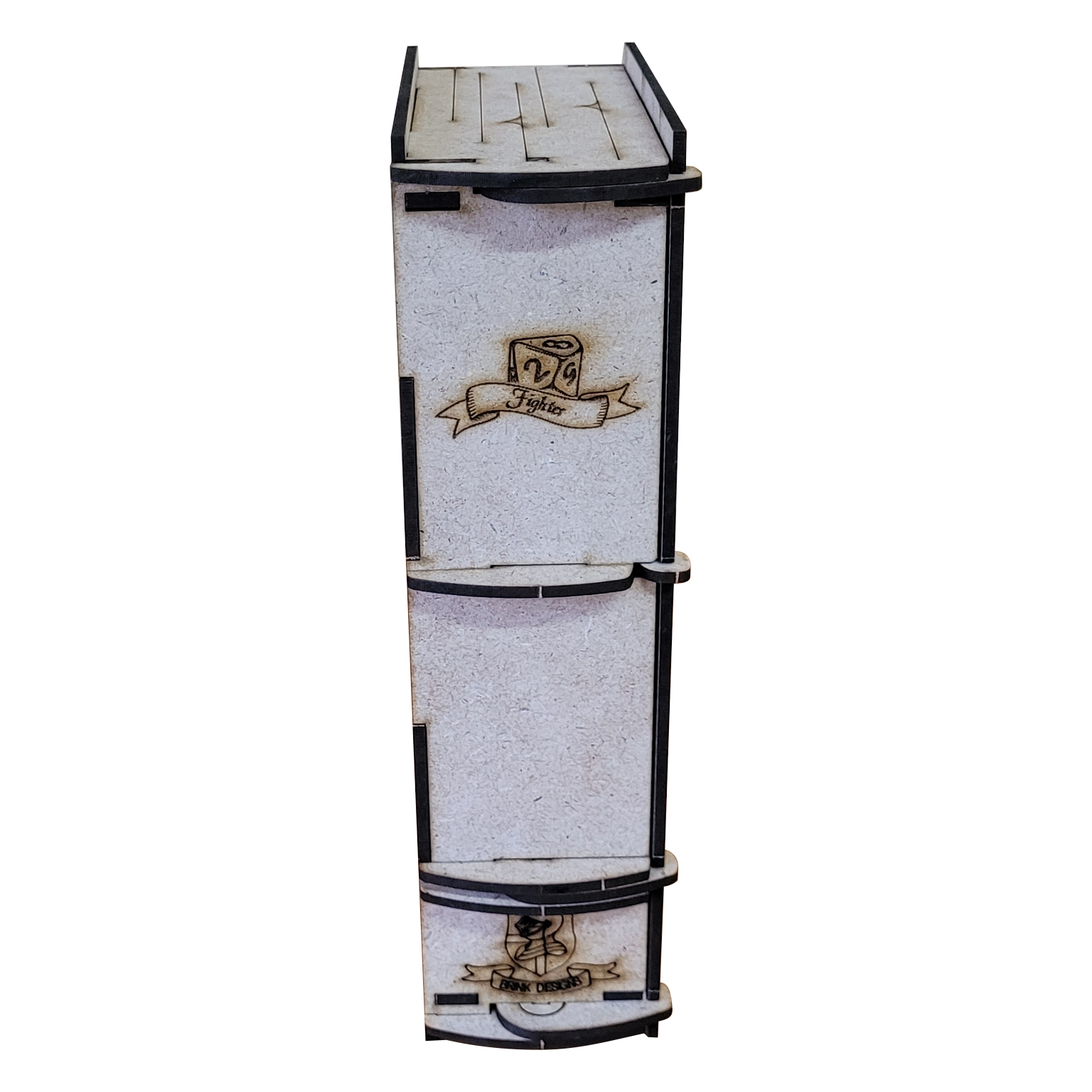 Side view of the wooden Player Book, a TTRPG character organizer. The spine features laser-engraved artwork of a d10 die above a banner labeled 'Fighter', and the Brink Designs and Displays logo near the bottom featuring a medieval helmet on a shield. The book's layered construction and tabbed joints are visible, emphasizing its handcrafted, modular design.
