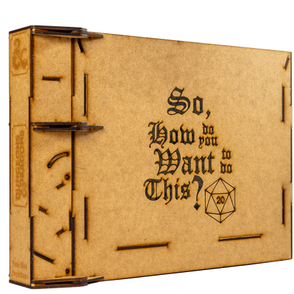 A detailed shot of one of the outsides of the Brink Designs and Displays Game Master Screen along with the central tower housing additional storage and an integrated dice tower. On the screen is the laser engraved text "So, How do you want to do this?" as an example.
